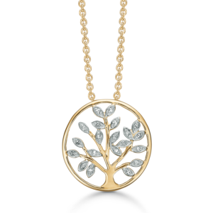 14 karat guld vedhæng med livets træ og små diamanter samlet total Brillant ialt 0,10 ct.w/ pk1.