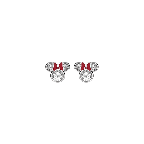 Sølv ørestikker Mickey Mouse med zirkoner og rød sløjfe