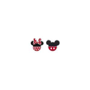 Sølv ørestikker Mickey på den ene og Minnie Mouse med rød sløjfe på den anden fra Disney.