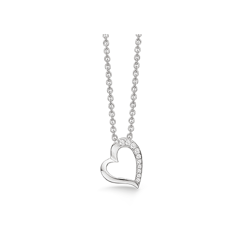 Sølv halskæde med hjerte, med zirkoner på halv delene af hjertet