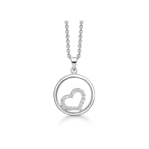 Sølv halskæde med cirkel og hjerte med zirkoner
