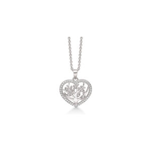 Rhodineret sølv halskæde med hjerte vedhæng med livets træ og små zirkoner.