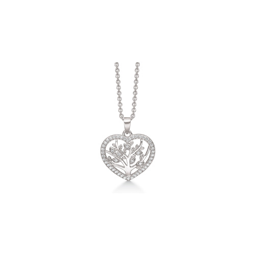 Rhodineret sølv halskæde med hjerte vedhæng med livets træ og små zirkoner.