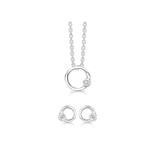 dame smykkesæt sølv cirkel zirkonia i rørfatning støvring design