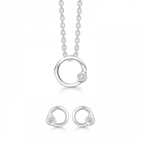 dame smykkesæt sølv cirkel zirkonia i rørfatning støvring design