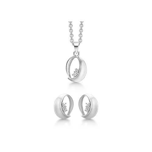 dame smykkesæt sølv rhodineret oval silkemat zirkonia støvring design