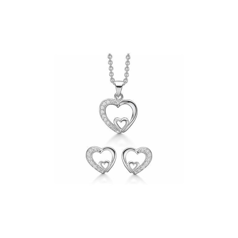 Smykkesæt med hjerter i sølv med zirkoner fra Støvring Design