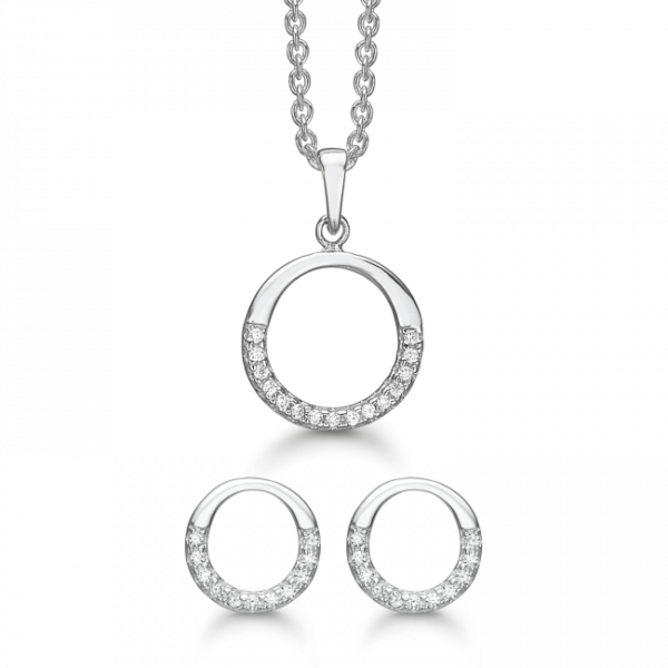 dame smykkesæt sølv rhodineret cirkel zirkonia støvring design