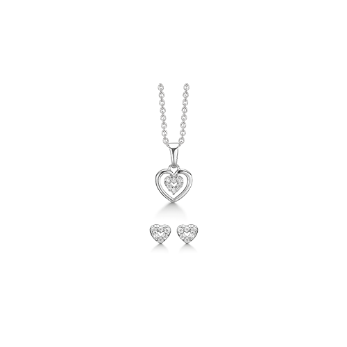dame smykkesæt sølv rhodineret hjerte vedhæng og øreringe zirkonia støvring design