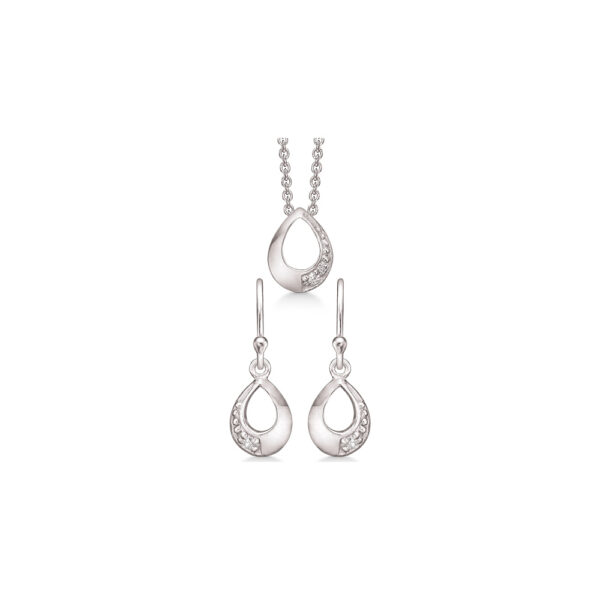 Rhodineret sølv smykkesæt med dråbeformede vedhæng med zirkoner fra Støvring Design,